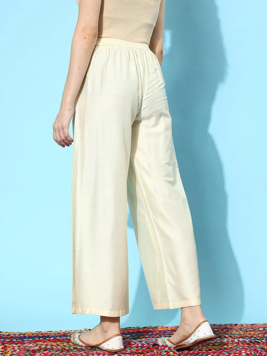 Off White Solid Silk Palazzos - Libas