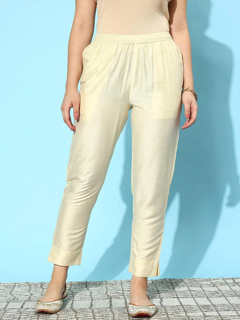 Libas Off White Solid Silk Trousers