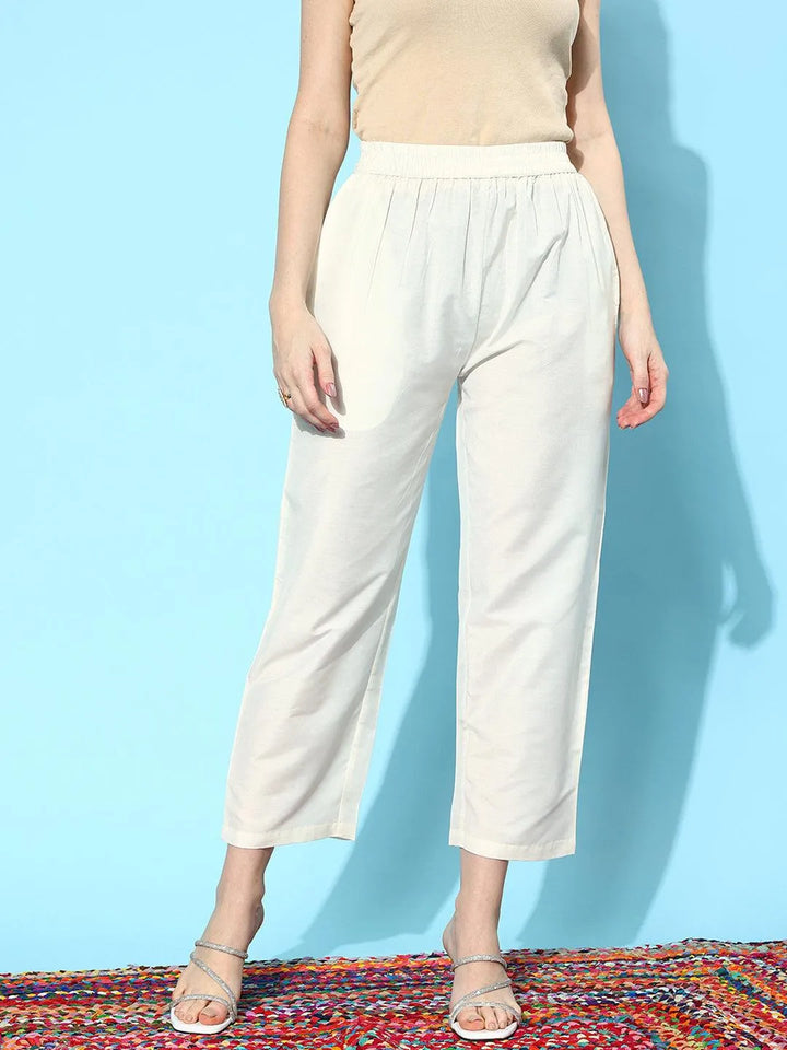 Off White Solid Silk Trousers - Libas