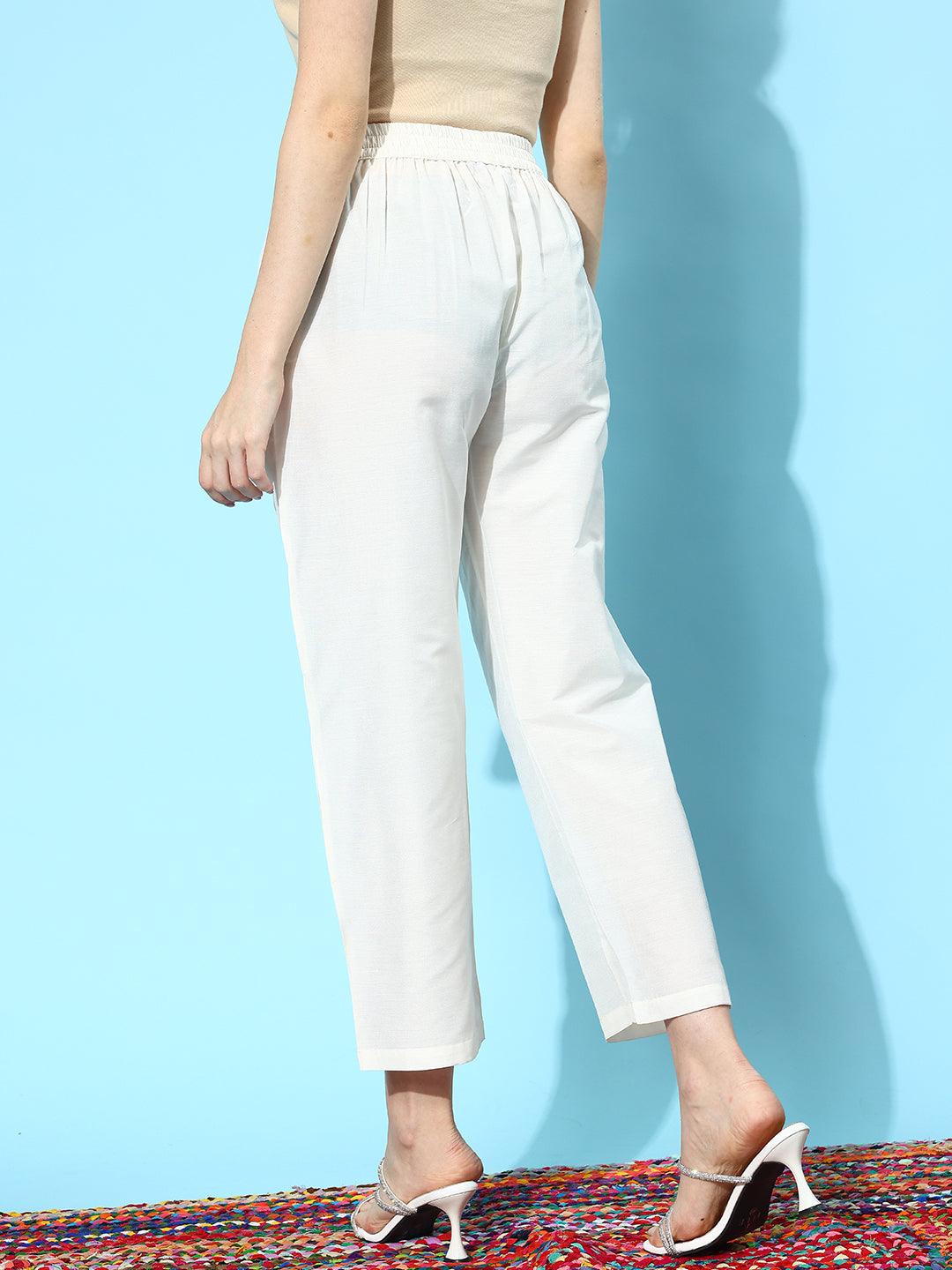 Off White Solid Silk Trousers