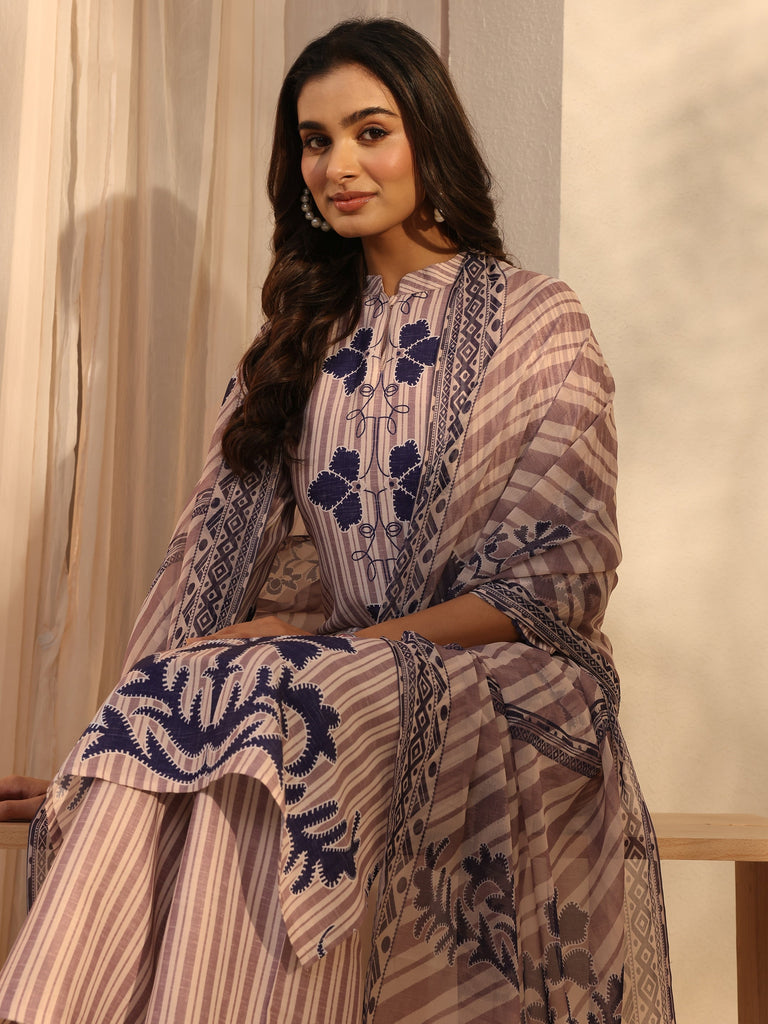 Libas Off White Striped Printed Cotton Blend Straight Suits Set With Dupatta