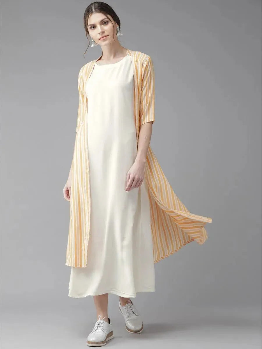 Off-White Striped Rayon Dress With Jacket - Libas