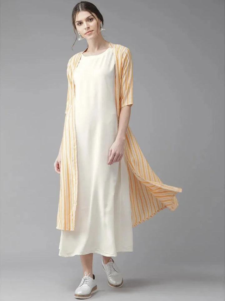 Off-White Striped Rayon Dress With Jacket - Libas