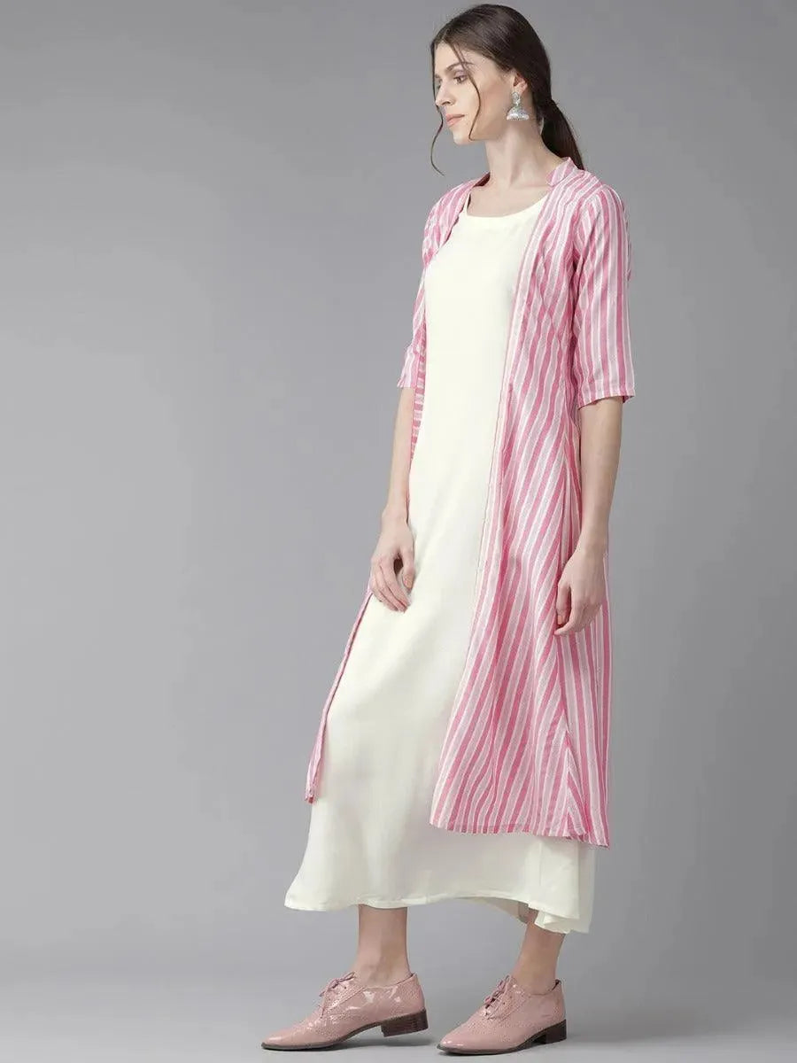 Off-White Striped Rayon Dress With Jacket - Libas