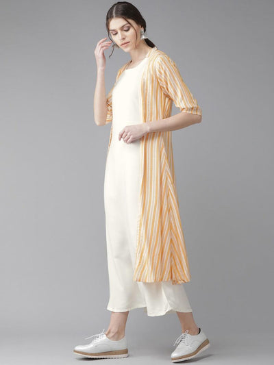 Off-White Striped Rayon Dress With Jacket - Libas