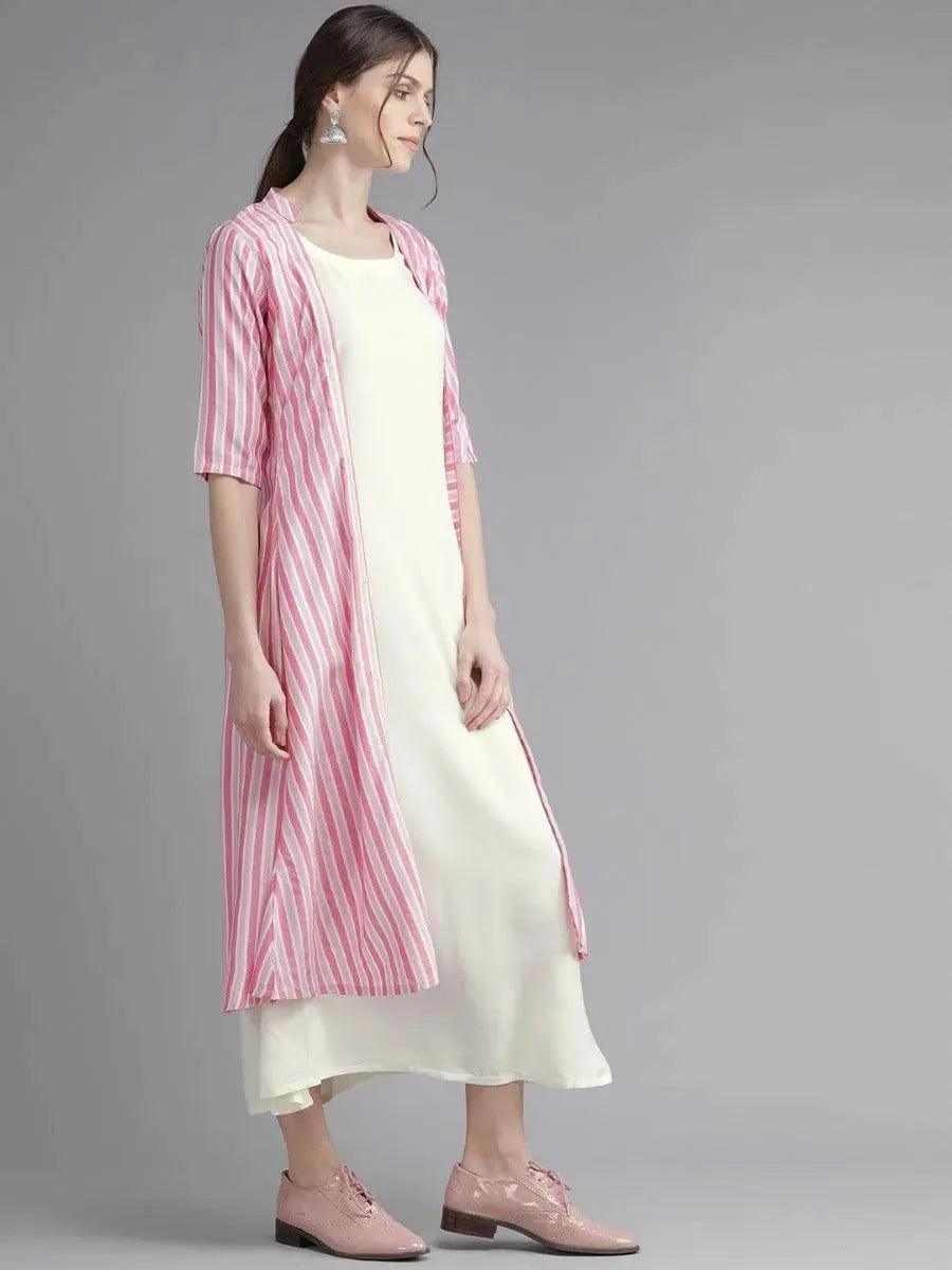 Off-White Striped Rayon Dress With Jacket - Libas