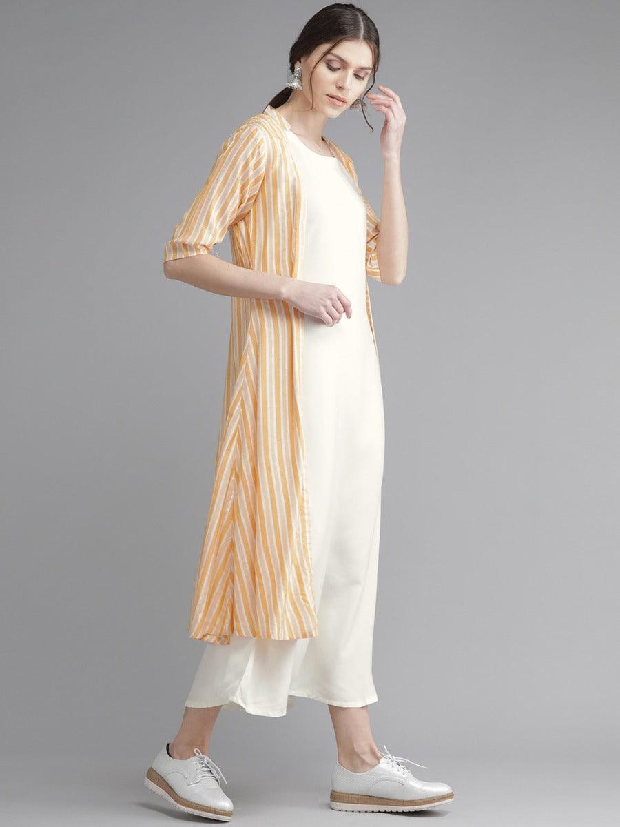 Off-White Striped Rayon Dress With Jacket - Libas