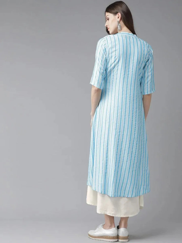 Off-White Striped Rayon Dress With Jacket - Libas