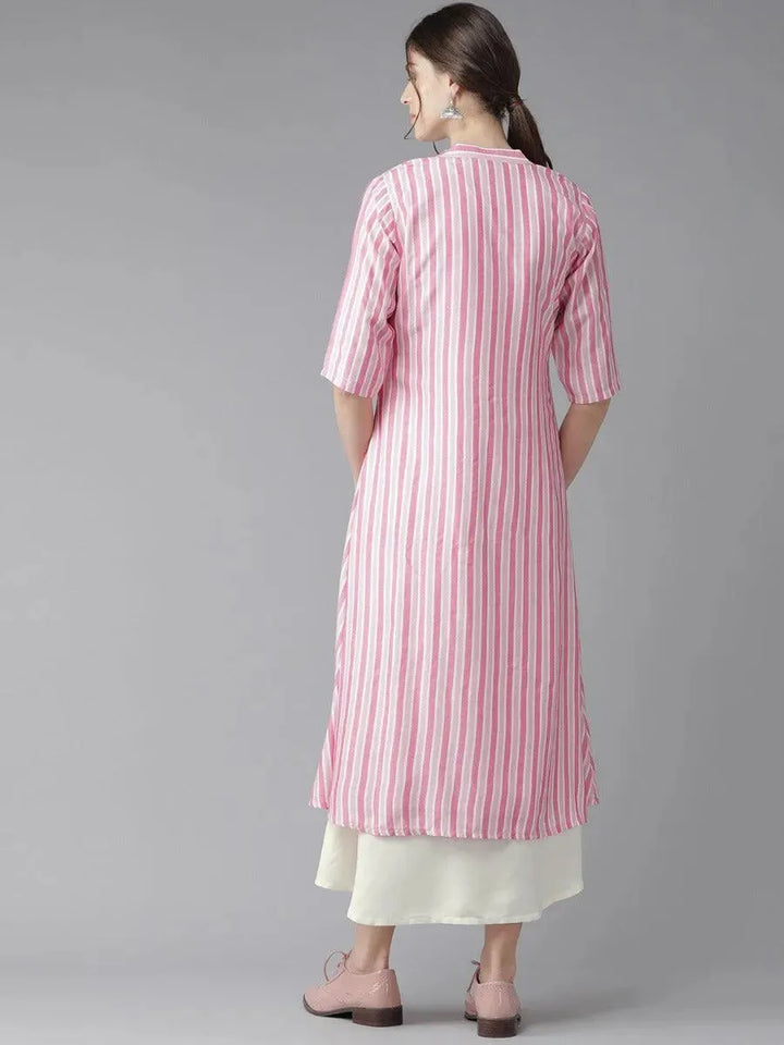 Off-White Striped Rayon Dress With Jacket - Libas