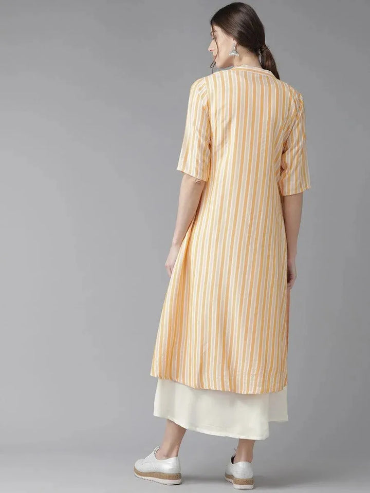 Off-White Striped Rayon Dress With Jacket - Libas