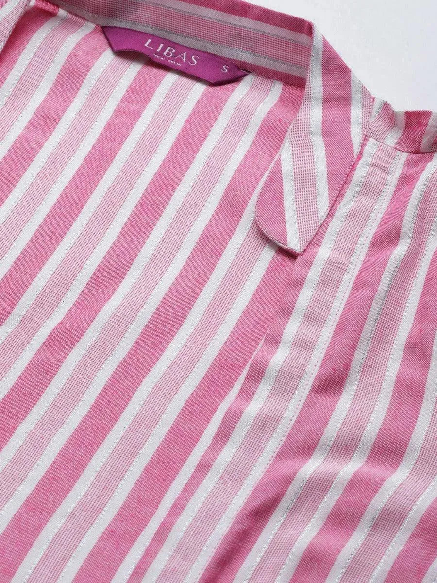 Off-White Striped Rayon Dress With Jacket - Libas 