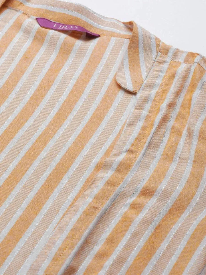 Off-White Striped Rayon Dress With Jacket - Libas