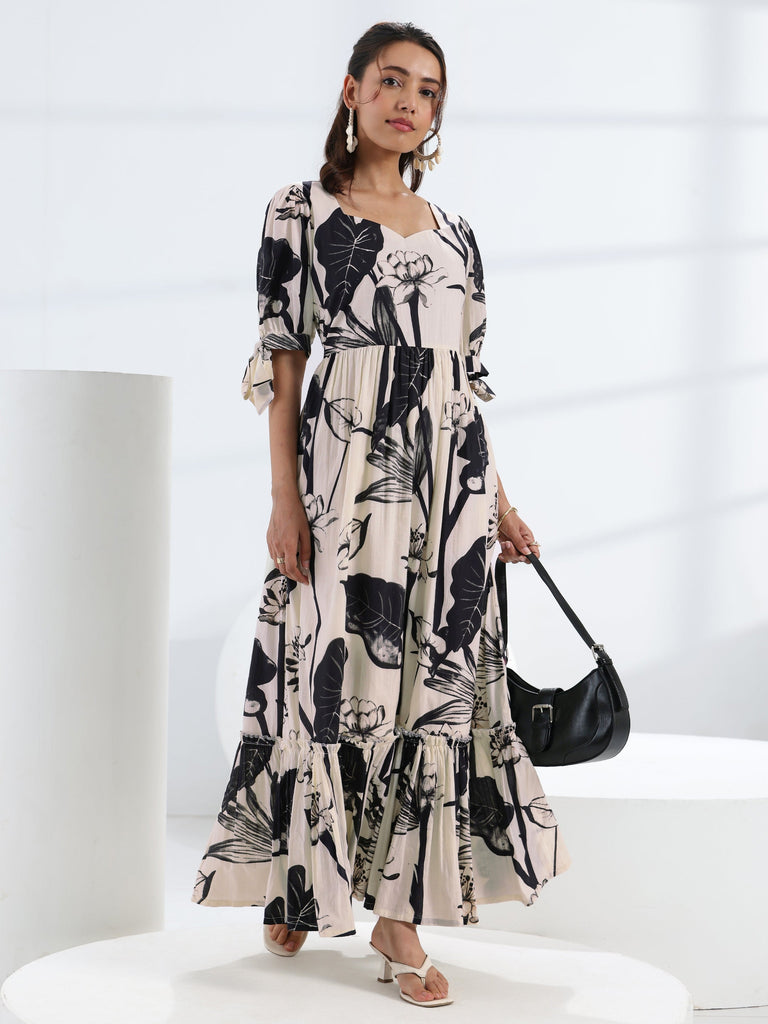 Libas Off White Tropical Printed Cotton Fit-And-Flare One Piece Dress