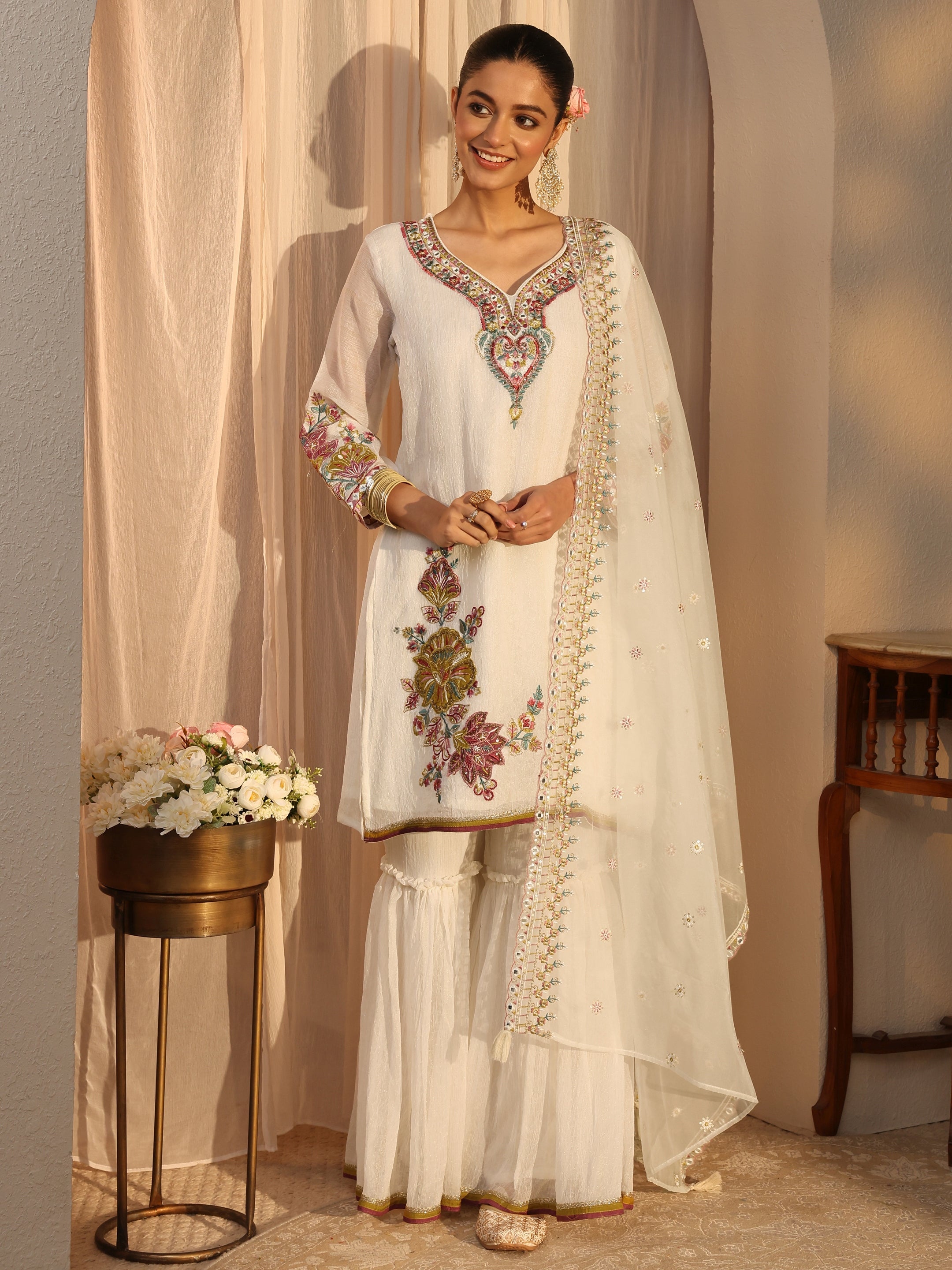 libas Off White Woven Design Chiffon Straight Suits Set With Dupatta-picture-22