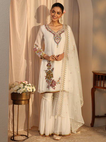Off White Woven Design Chiffon Straight Suits Set With Dupatta