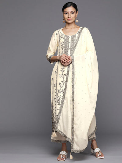 Off White Woven Design Silk Blend Straight Kurta With Trousers & Dupatta - Libas