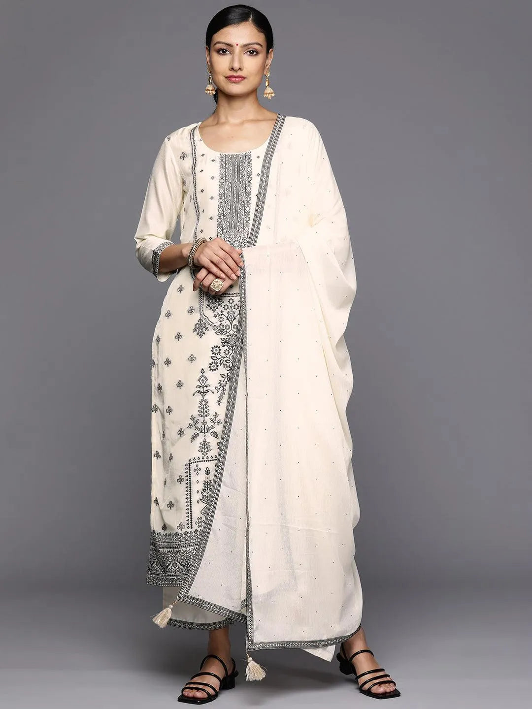 Off White Woven Design Silk Blend Straight Kurta With Trousers & Dupatta - Libas