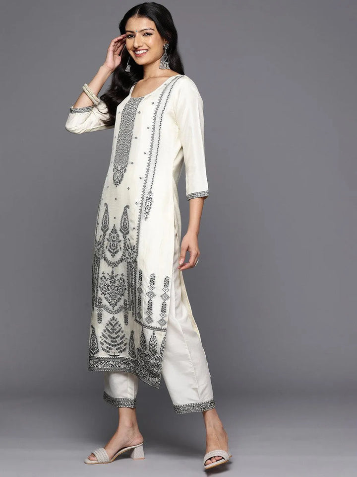 Off White Woven Design Silk Blend Straight Kurta With Trousers & Dupatta - Libas