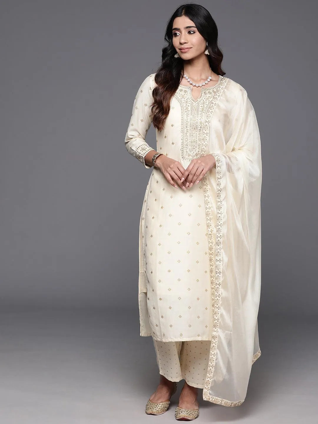 Off White Woven Design Silk Blend Straight Kurta With Trousers & Dupatta - Libas 