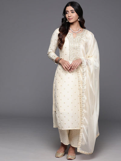Off White Woven Design Silk Blend Straight Kurta With Trousers & Dupatta - Libas