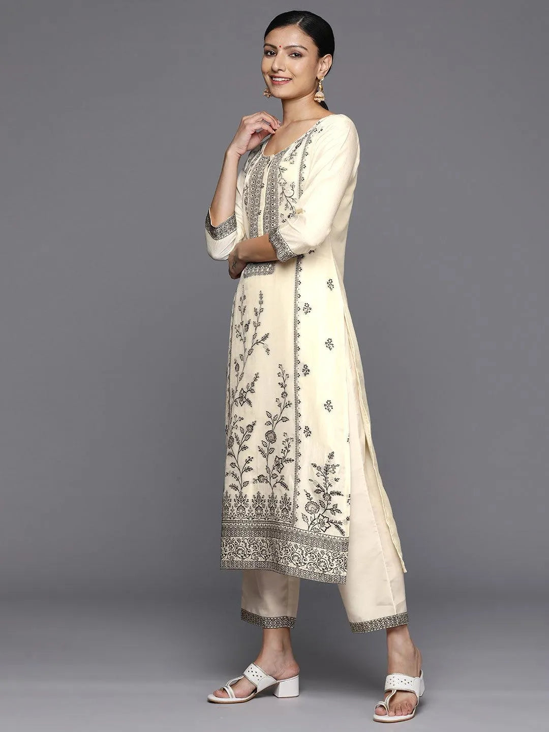 Off White Woven Design Silk Blend Straight Kurta With Trousers & Dupatta - Libas 
