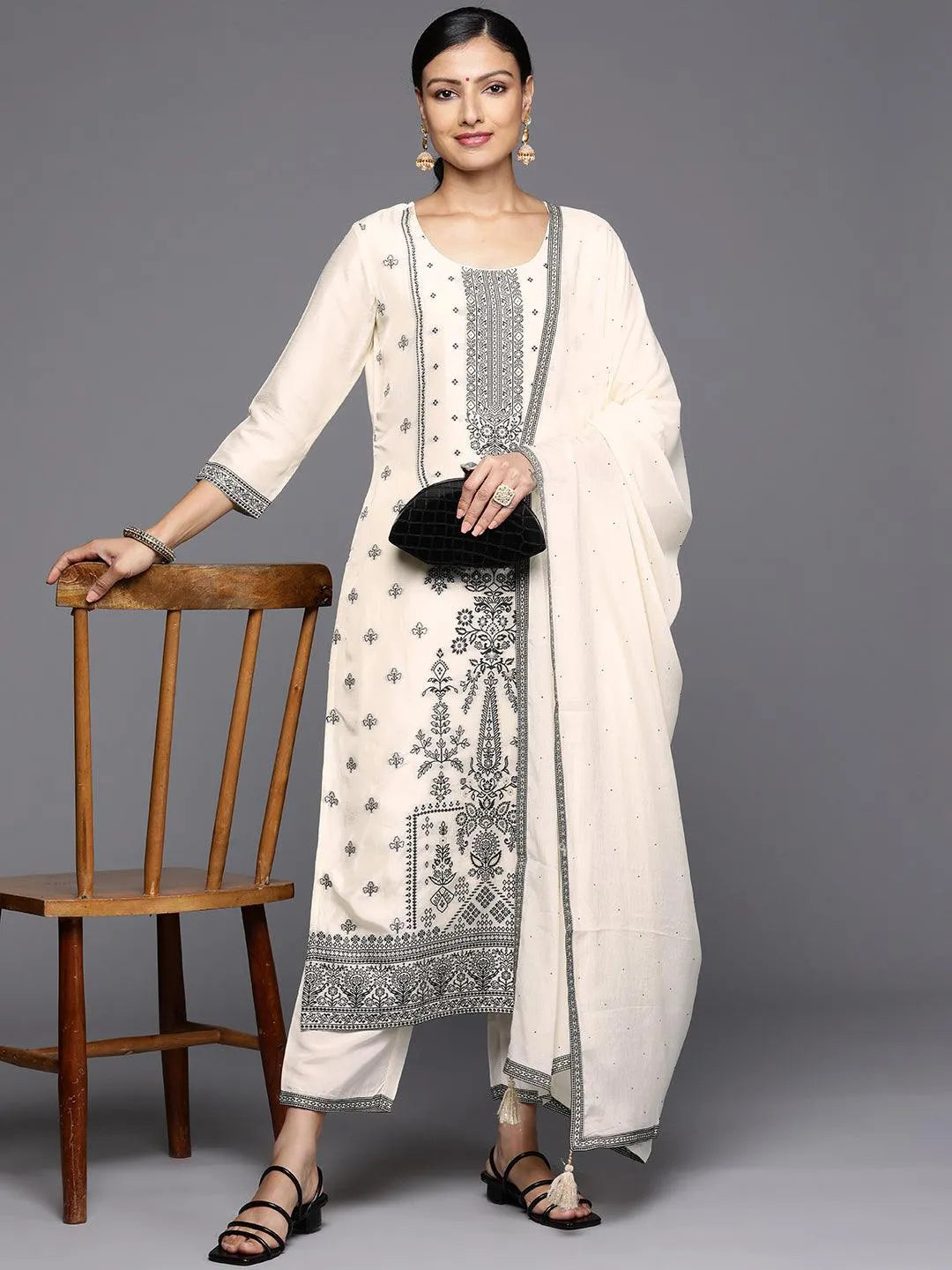 Off White Woven Design Silk Blend Straight Kurta With Trousers & Dupatta - Libas 