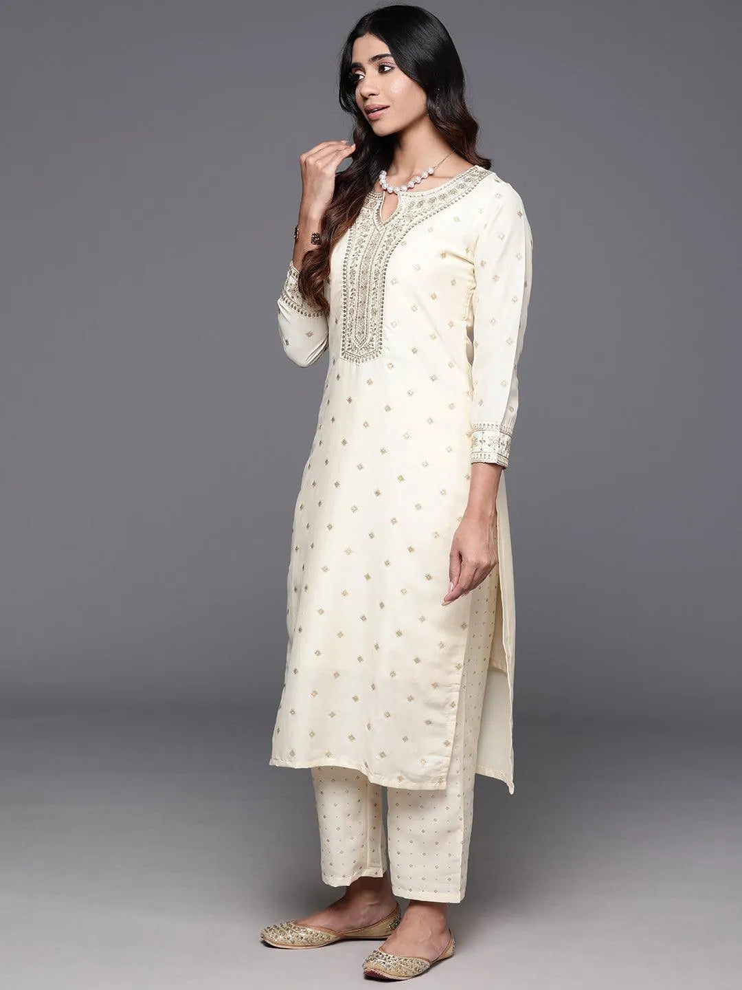 Off White Woven Design Silk Blend Straight Kurta With Trousers & Dupatta - Libas 