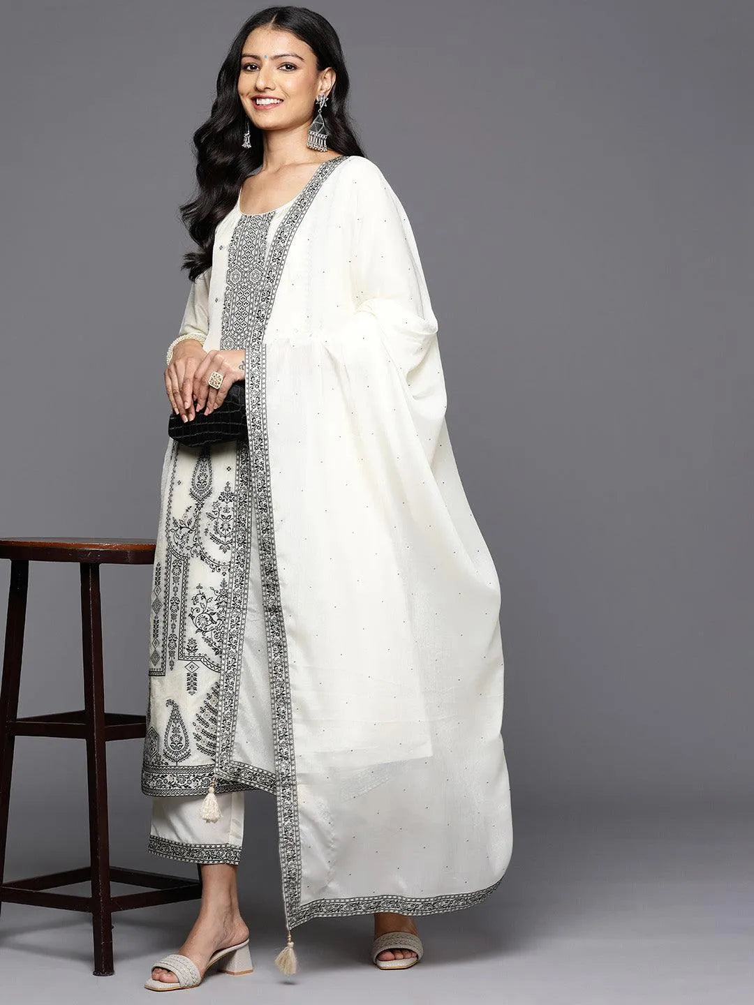 Off White Woven Design Silk Blend Straight Kurta With Trousers & Dupatta - Libas 