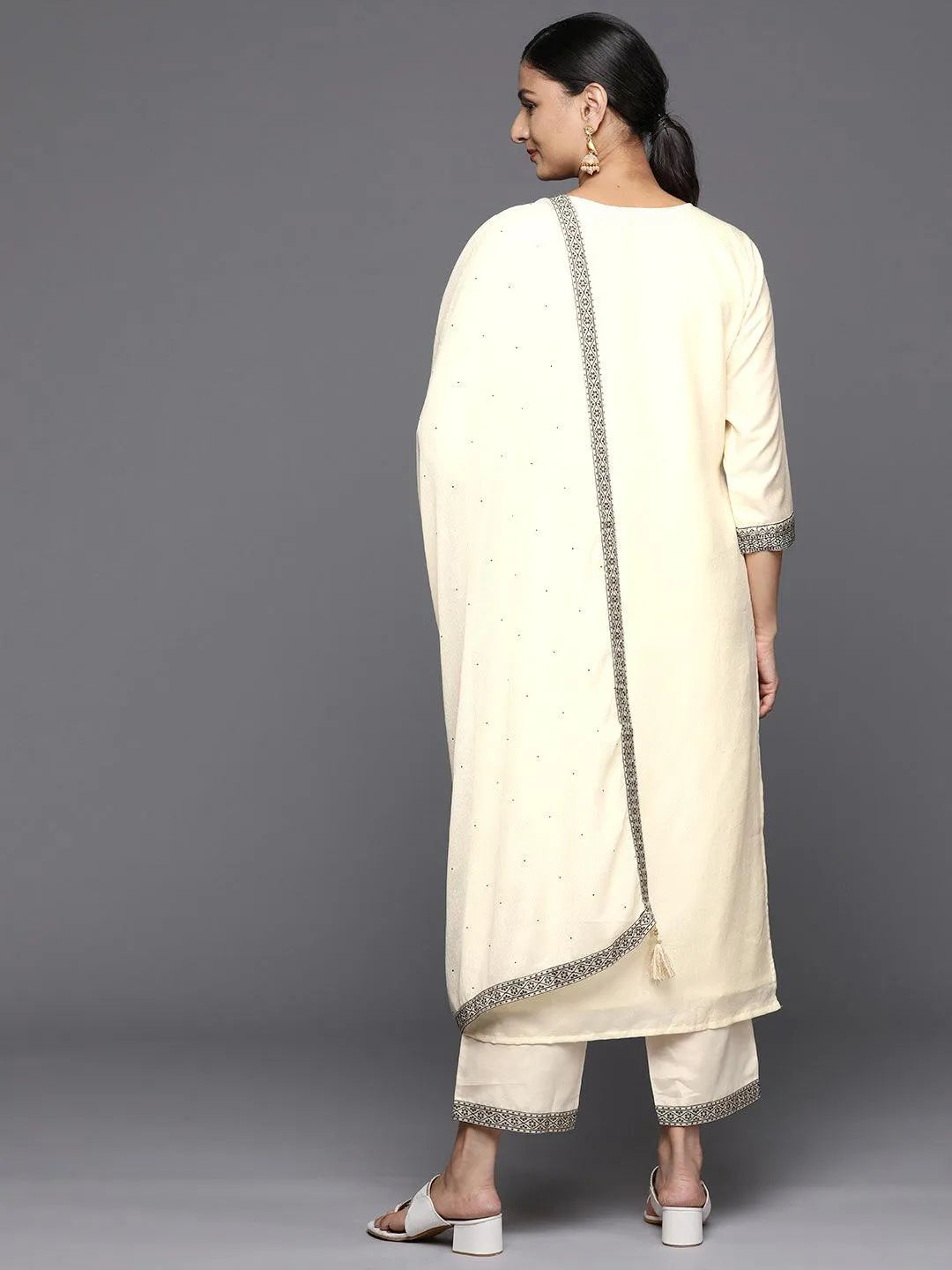 Off White Woven Design Silk Blend Straight Kurta With Trousers & Dupatta - Libas 