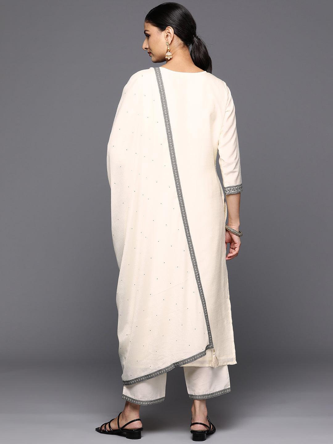 Off White Woven Design Silk Blend Straight Kurta With Trousers & Dupatta
