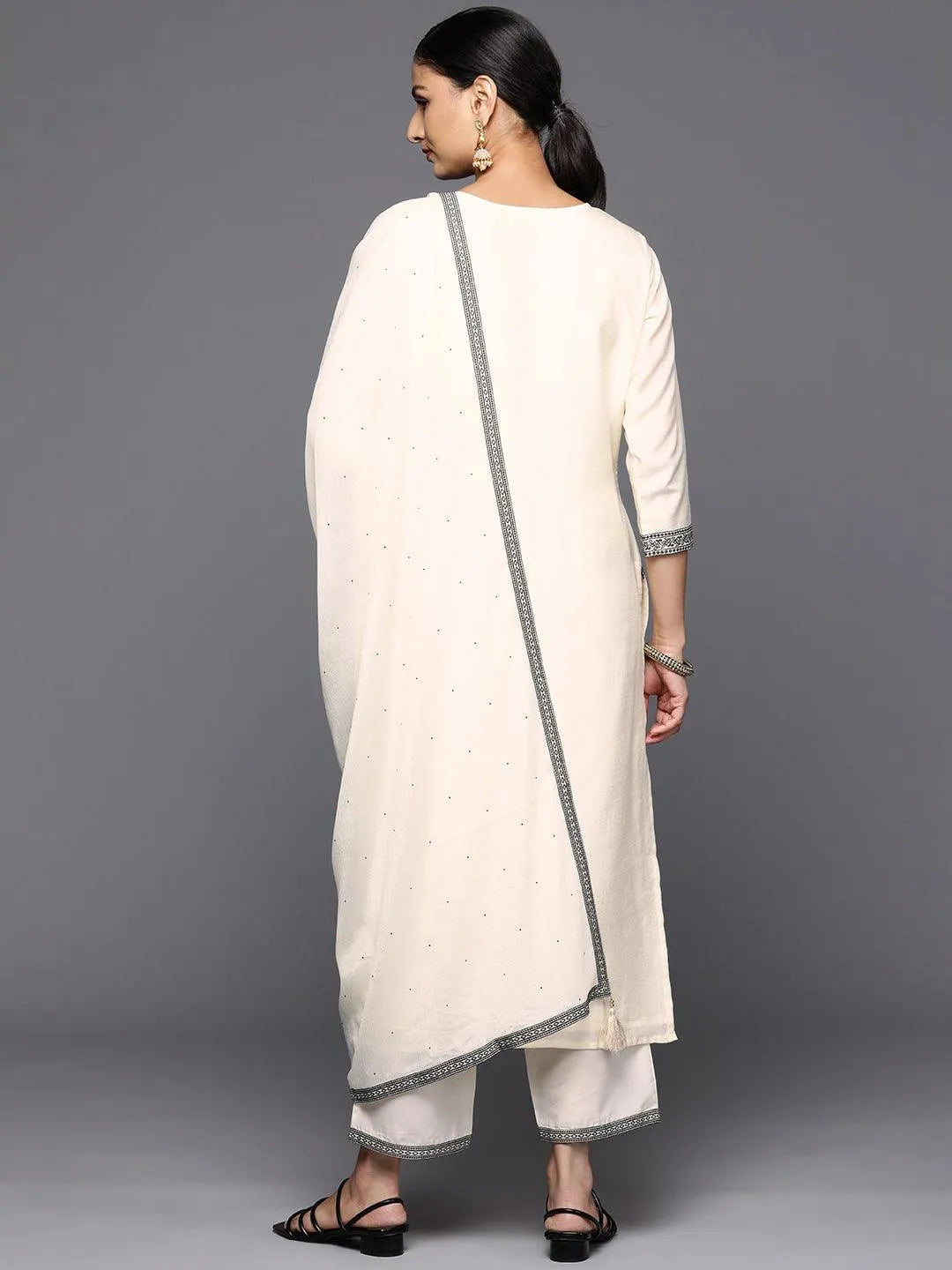 Off White Woven Design Silk Blend Straight Kurta With Trousers & Dupatta - Libas 