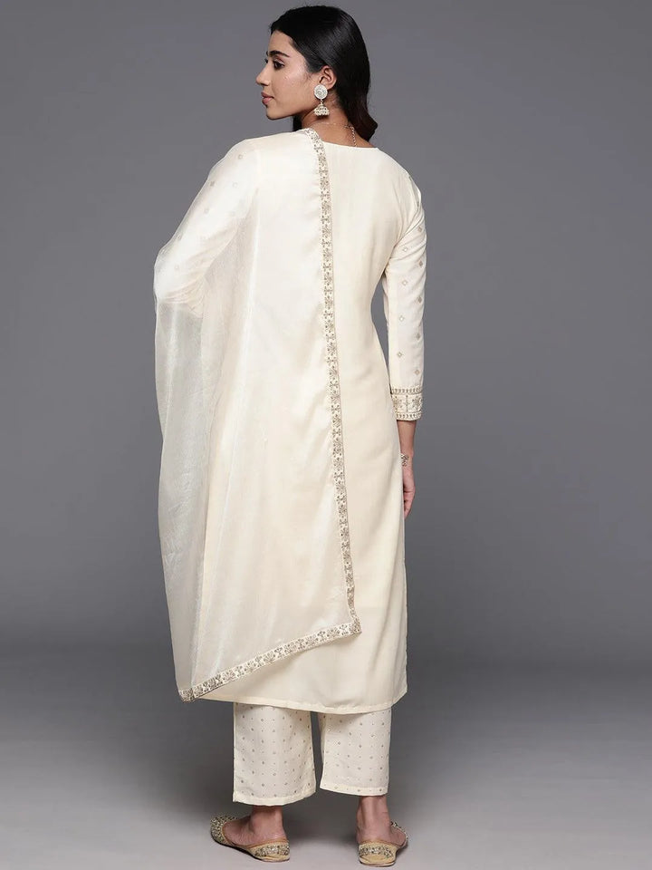 Off White Woven Design Silk Blend Straight Kurta With Trousers & Dupatta - Libas
