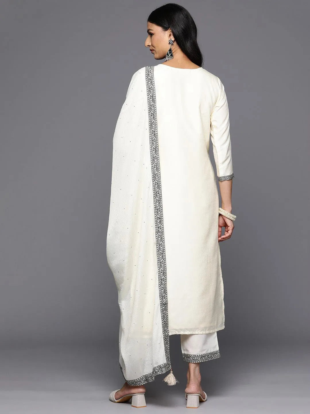 Off White Woven Design Silk Blend Straight Kurta With Trousers & Dupatta - Libas 