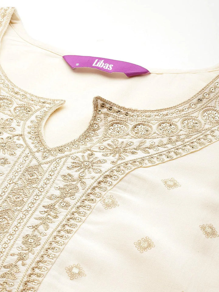Off White Woven Design Silk Blend Straight Kurta With Trousers & Dupatta - Libas