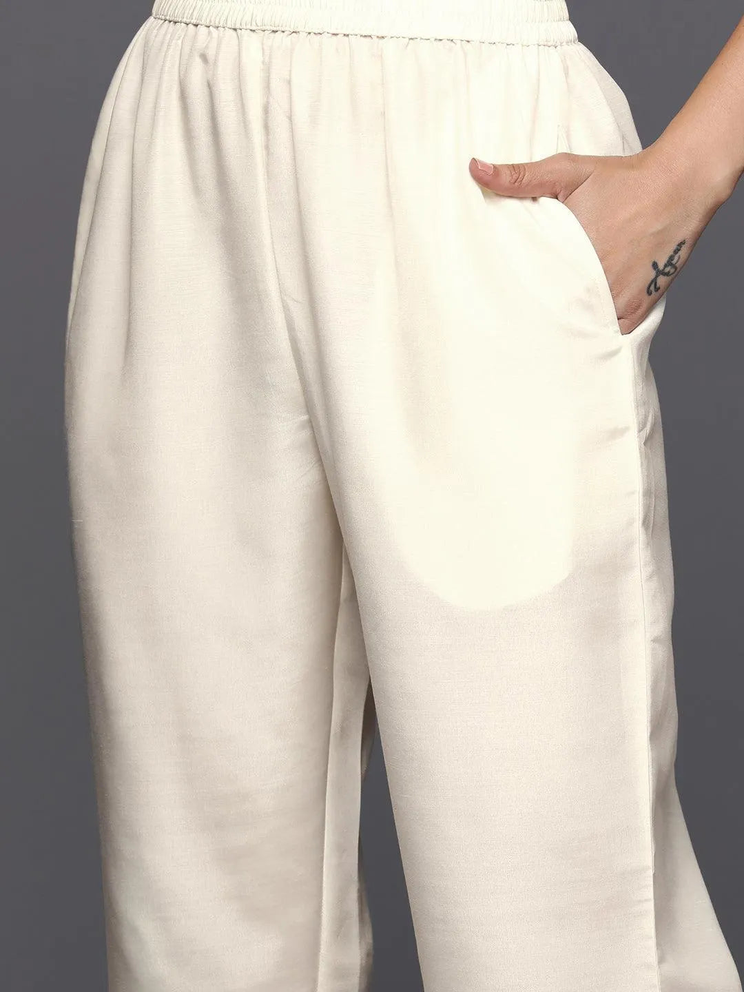 Off White Woven Design Silk Blend Straight Kurta With Trousers & Dupatta - Libas 