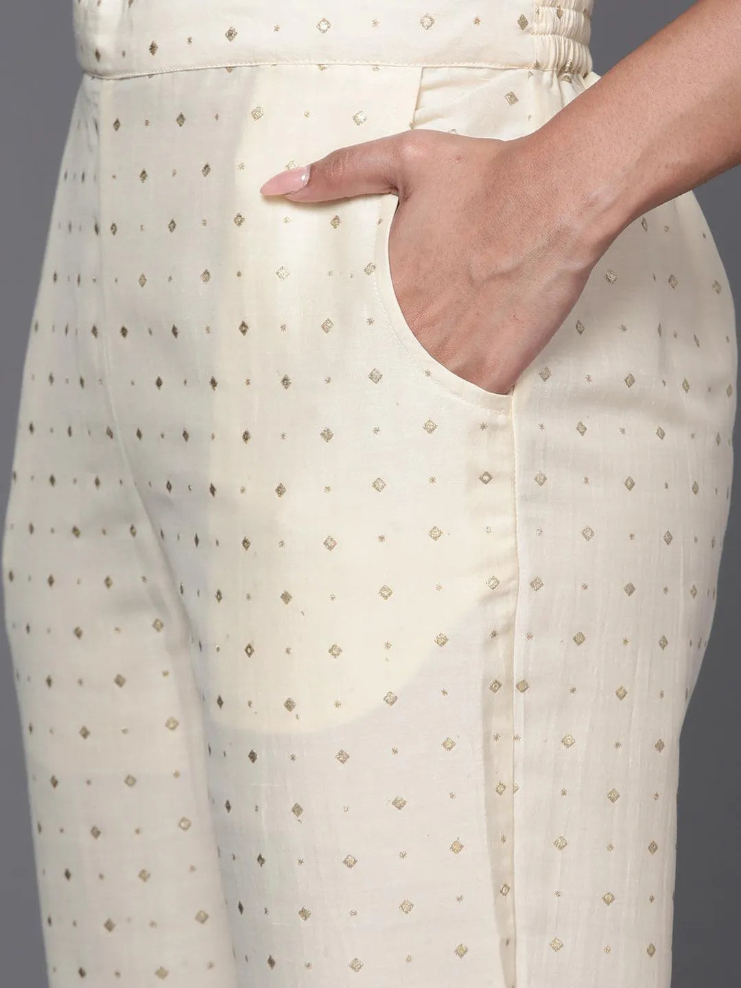 Off White Woven Design Silk Blend Straight Kurta With Trousers & Dupatta - Libas 