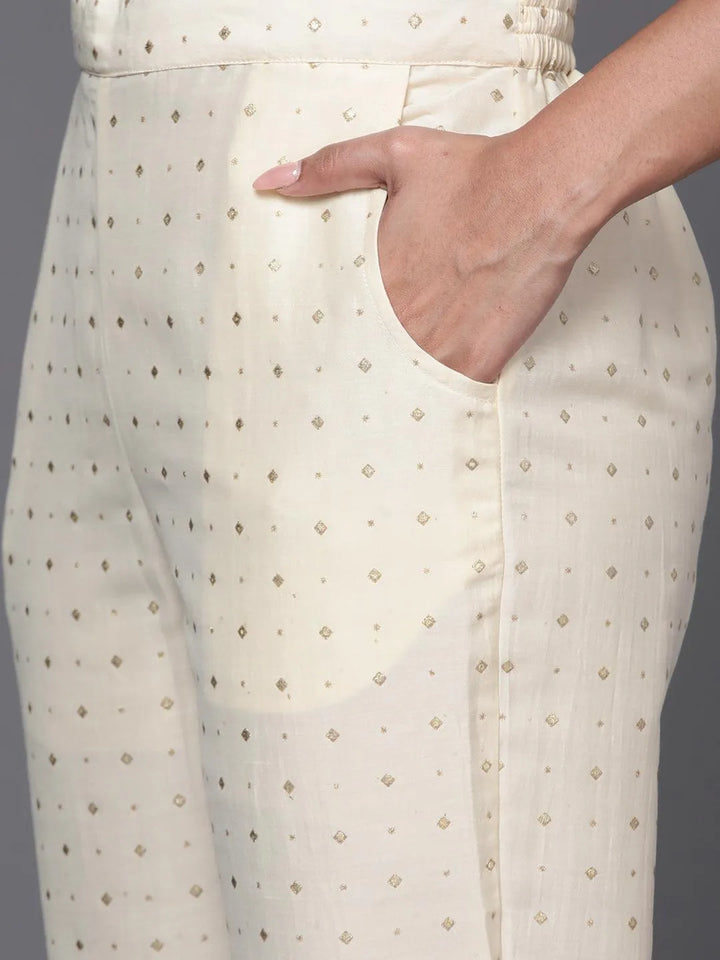 Off White Woven Design Silk Blend Straight Kurta With Trousers & Dupatta - Libas