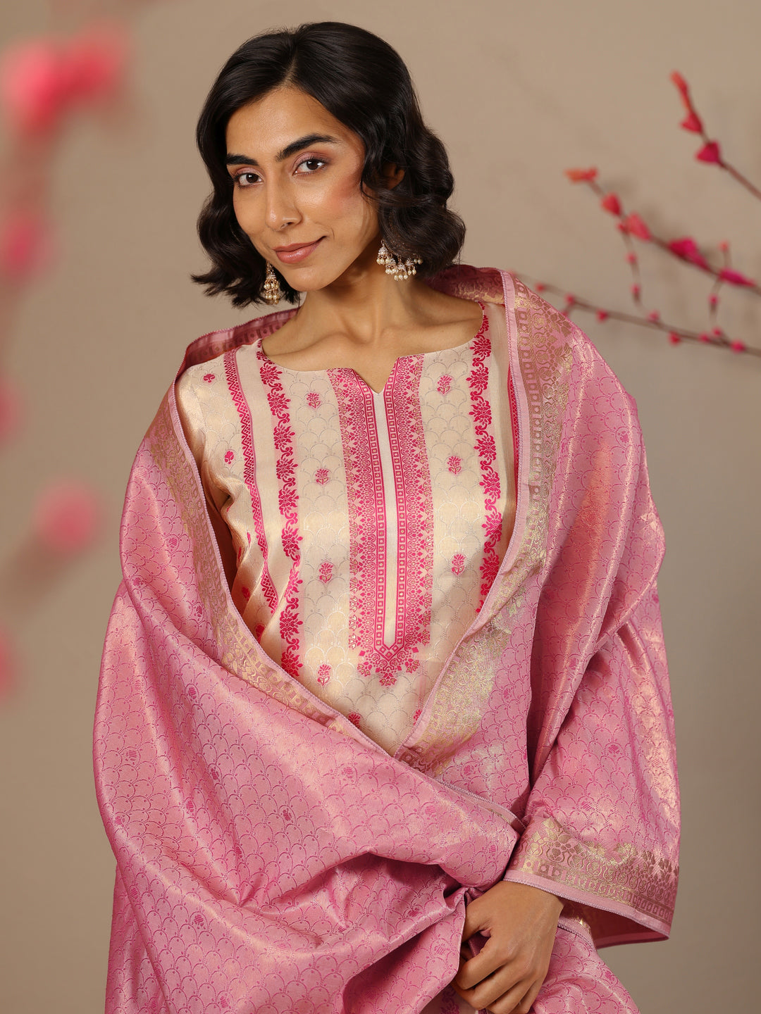 Off White Woven Design Silk Blend Straight Suit Set With Dupatta