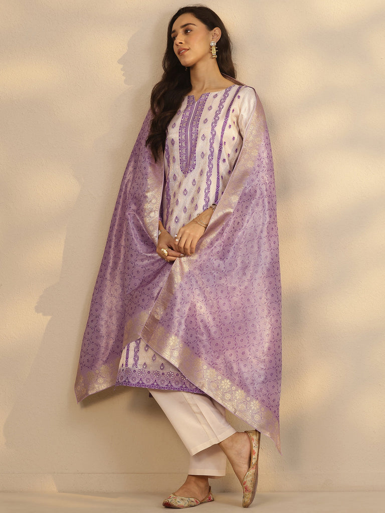 Libas Off White Woven Design Silk Blend Straight Suit Set With Dupatta