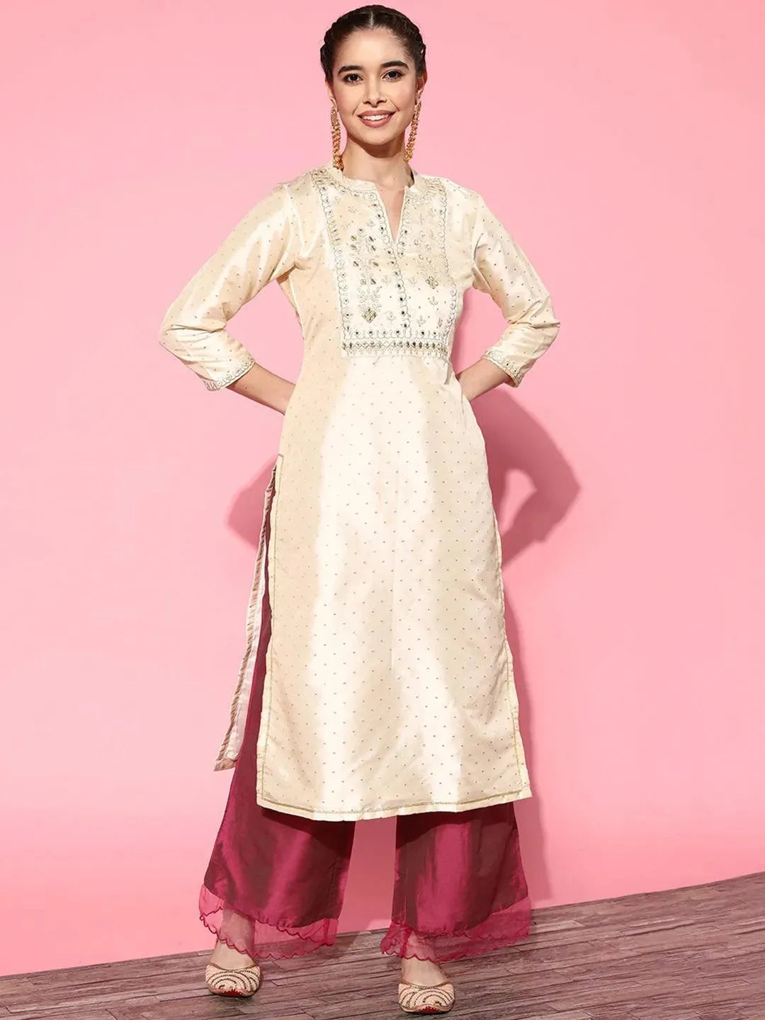 Off White Yoke Design Art Silk Straight Kurta - Libas 