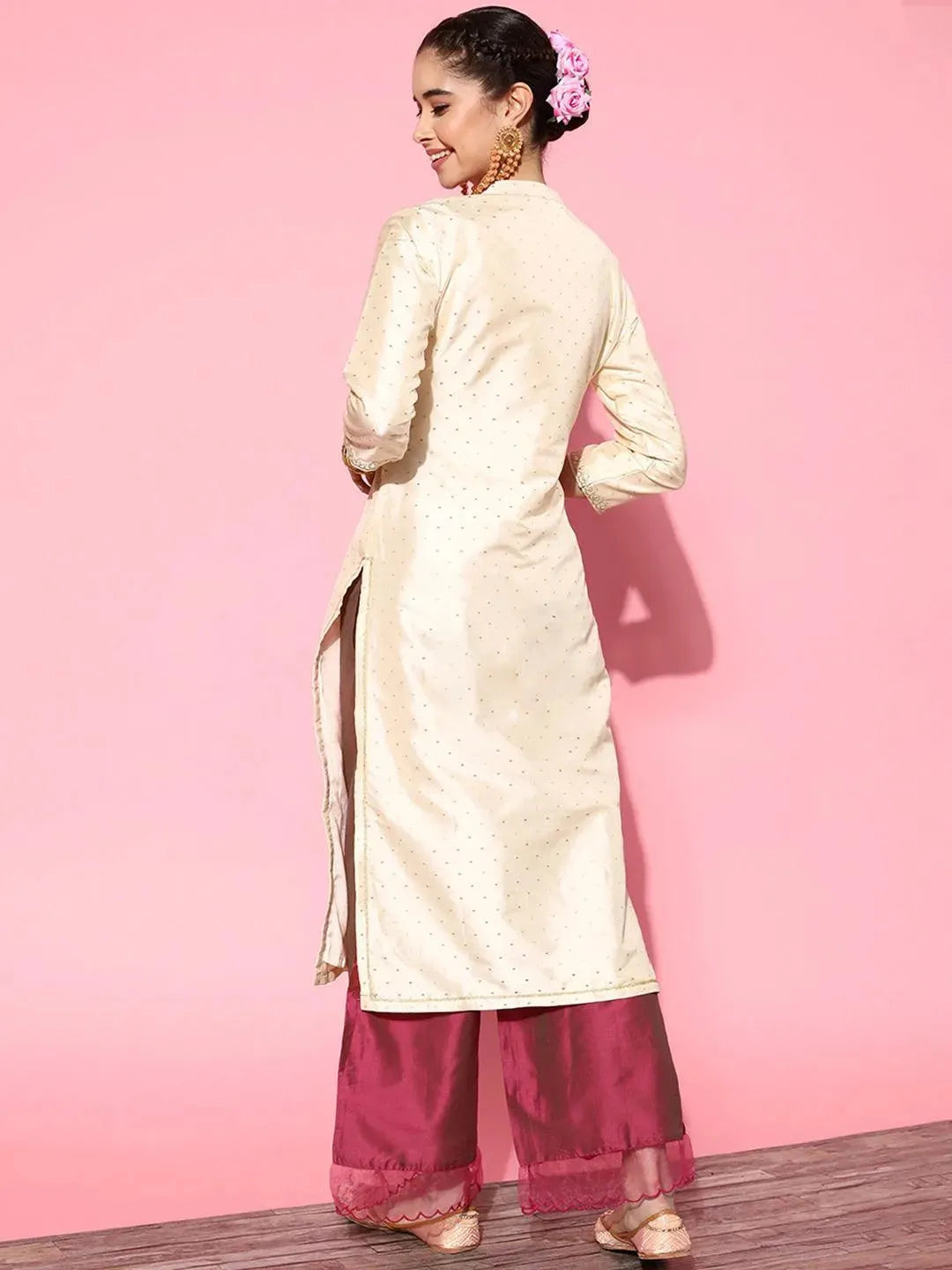 Off White Yoke Design Art Silk Straight Kurta - Libas 
