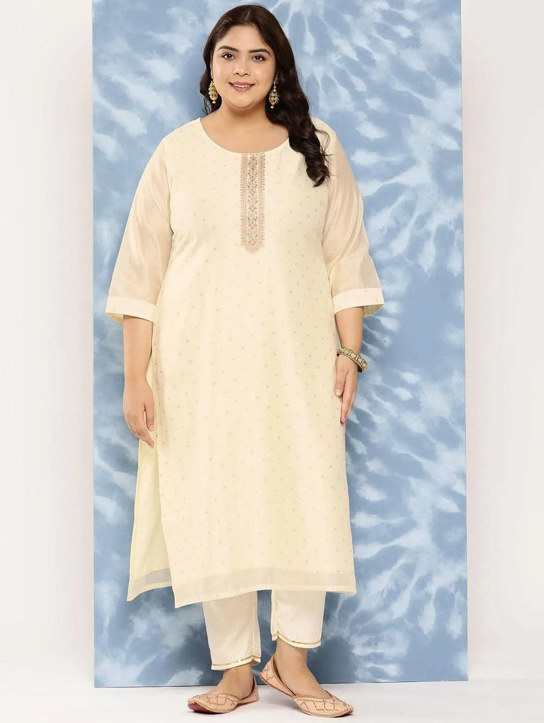 Off White Yoke Design Chanderi Silk Straight Kurta - Libas 