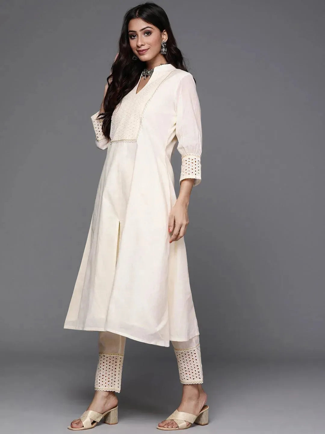 Off White Yoke Design Cotton Suit Set - Libas