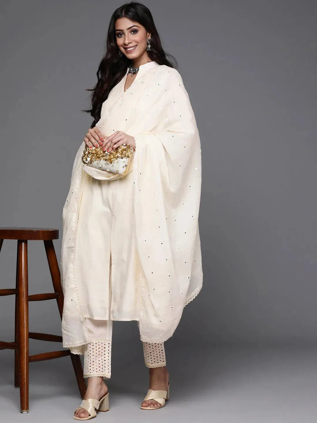 Off White Yoke Design Cotton Suit Set - Libas 