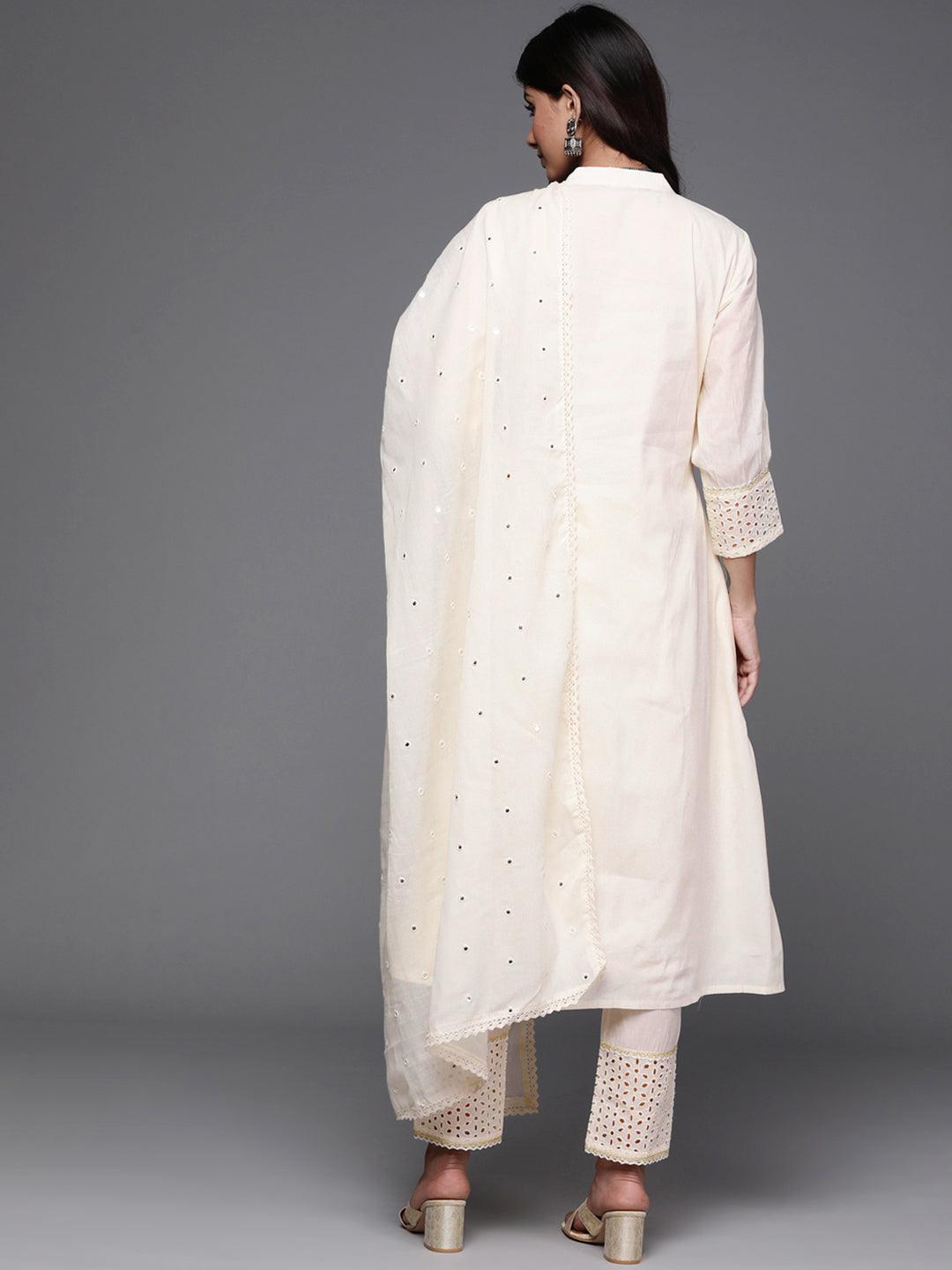 Off-White Yoke Design Cotton A-Line Kurta With Palazzos & Dupatta