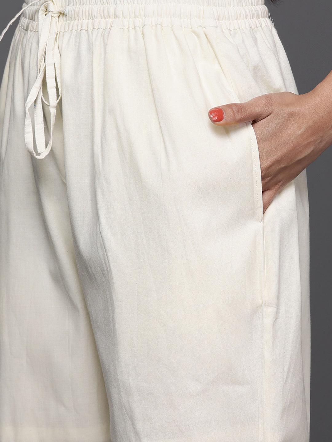 Off-White Yoke Design Cotton A-Line Kurta With Palazzos & Dupatta
