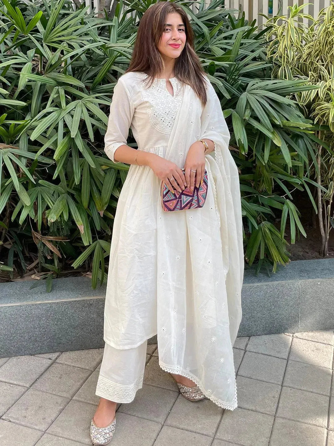 Off White Yoke Design Cotton Suit Set - Libas