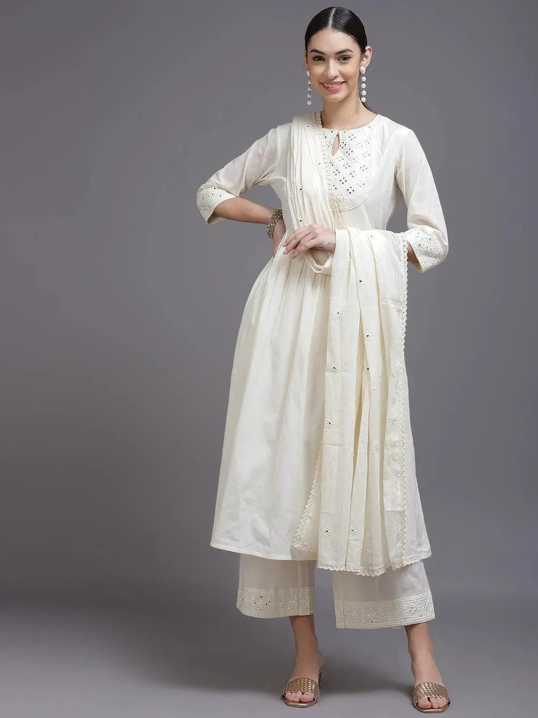 Off White Yoke Design Cotton Suit Set - Libas 
