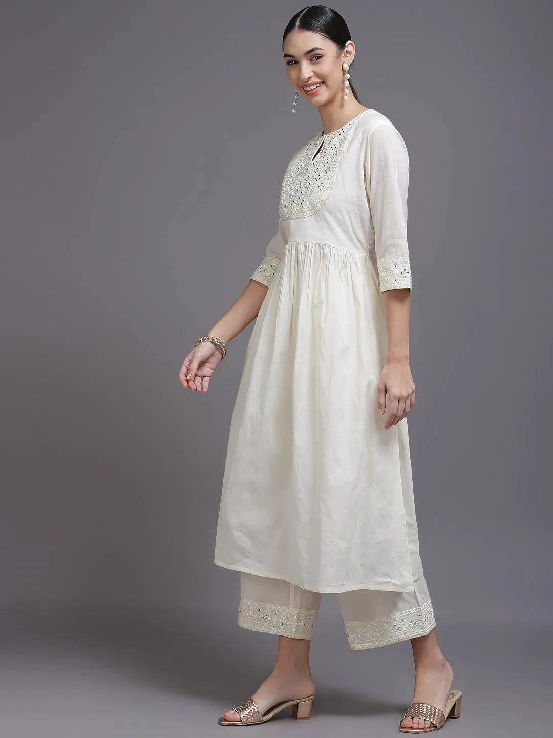 Off White Yoke Design Cotton Suit Set - Libas 