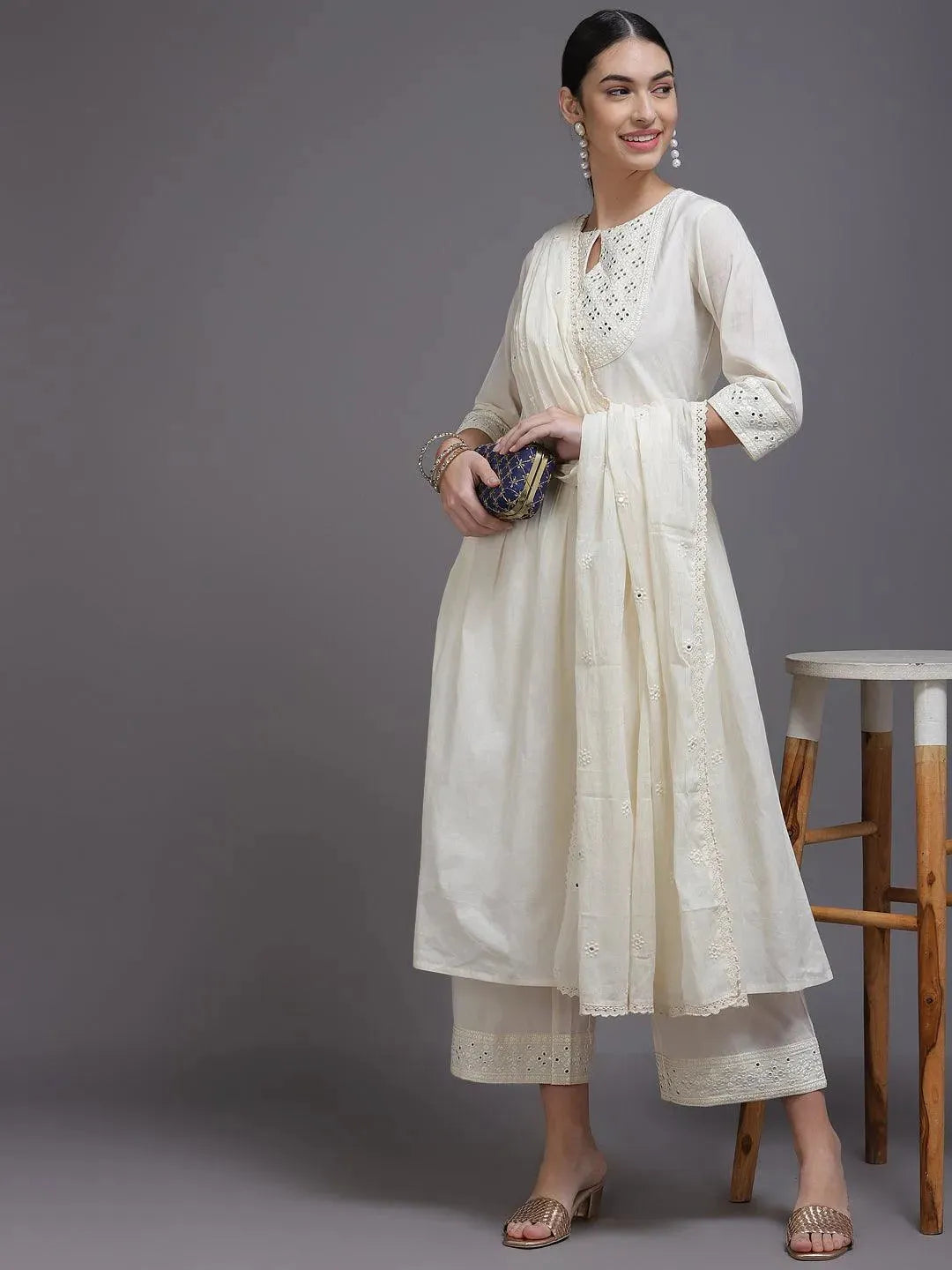 Off White Yoke Design Cotton Suit Set - Libas 